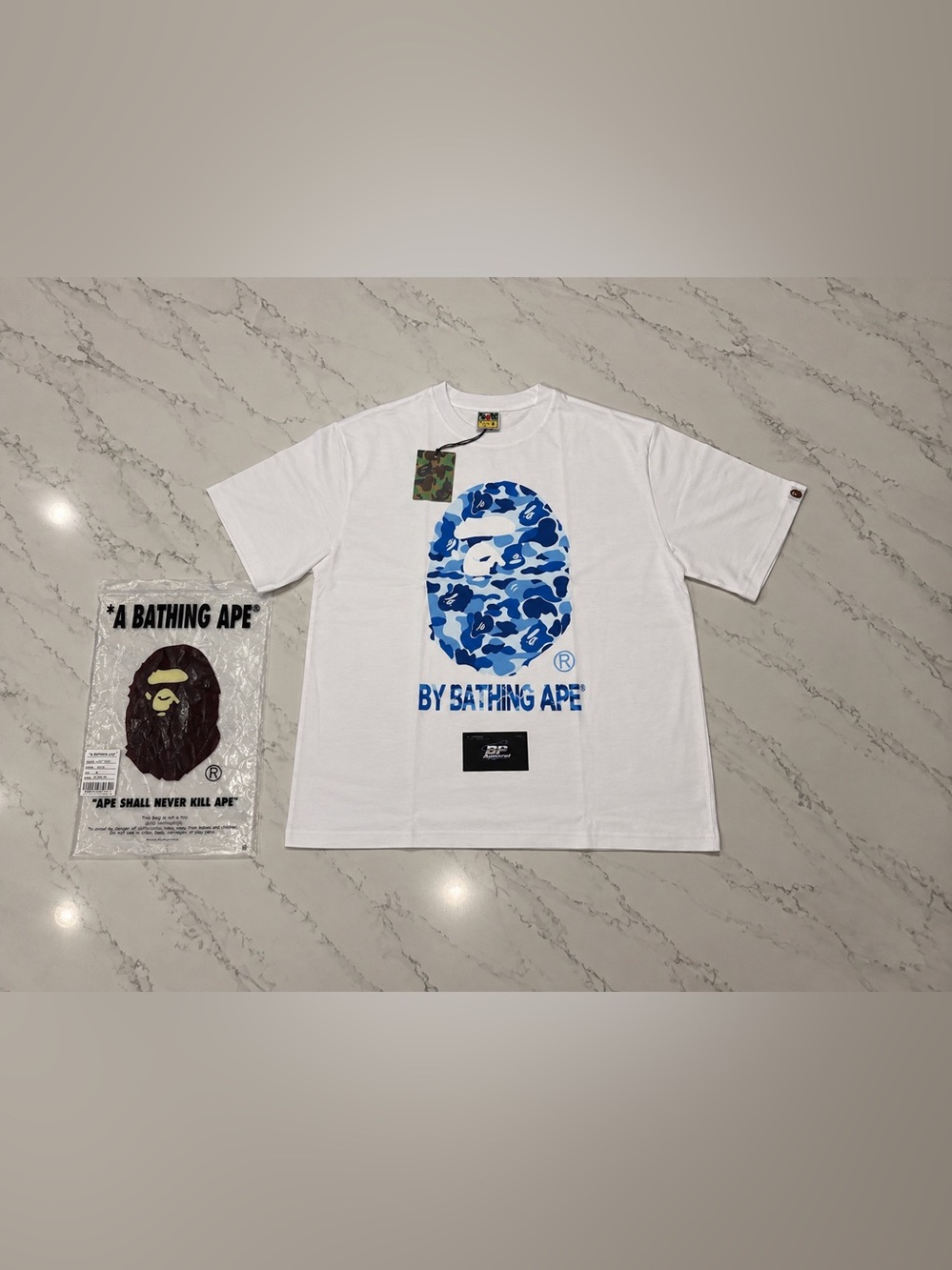 Bape and ape White Short Sleeve Tee with Blue Camo Ape Head